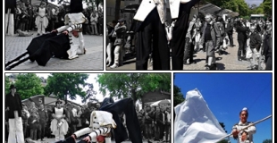 Echassières loyal,  portes acrobatiques, drapeaux, acrobaties, déambulation, rue, animation