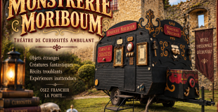Affiche de La Monstrerie Moriboum, théâtre de curiosité ambulant installé dans une caravane décorée.