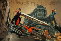 Visuel de la Guinguette de Peggy avec les 3 musiciens et l'échassier 'Terragone'