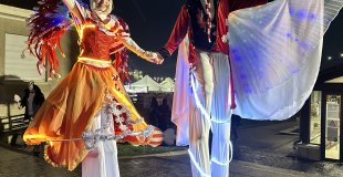 Une déambulation lumineuse aux couleurs traditionnelles de Noël – rouge, blanc, or et vert – où les échassiers incarnent toute la magie des fêtes dans une ambiance chaleureuse et féerique.